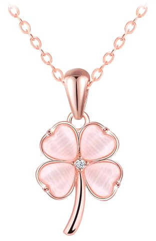 VIKILEE Collier en argent 925 pour femmes, pendentif en forme de cœur en forme de trèfle à quatre feuilles, serti d'une pierre en forme d'œil de chat, convient à toutes les occasions.
