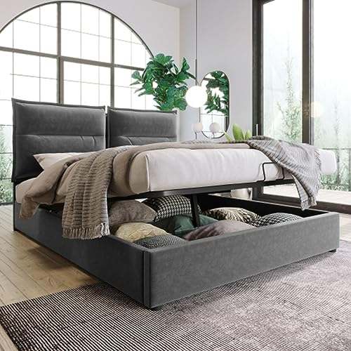 Tcewhhy Hydraulisch Polsterbett 140x200cm Doppelbett Mit Verstellbares Kopfteil Und Lattenrost Aus Metallrahmen Jugendbett Gästebett Bettkasten Bett Mit Stauraum Grau