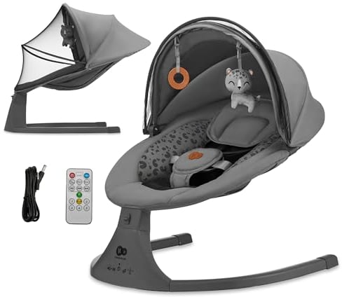 Kinderkraft LUMI 2 Babywippe, Elektrische Babyschaukel, Von der Geburt bis 9 Monate, Höhenverstellbar, 5 Schaukelmodi, 12 Melodien, Bogen mit Spielzeug, Dunkelgrau