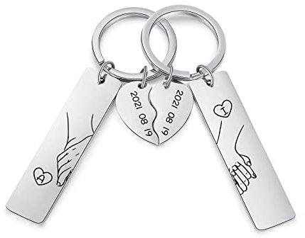 ALBERTBAND Porte-clés Personnalisé pour Couple 2PCS Main dans la Main Lettre et Date Gravées Cœur Or Rose Silber Cadeau pour Petite Amie Petit Ami Saint-Valentin Noël