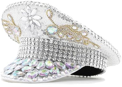 BLESSUME Pailletten Mütze Festival Hut Burning Man Sparkly Steampunk Hüte Damen Militär Kapitän Kappe (Silber 5)