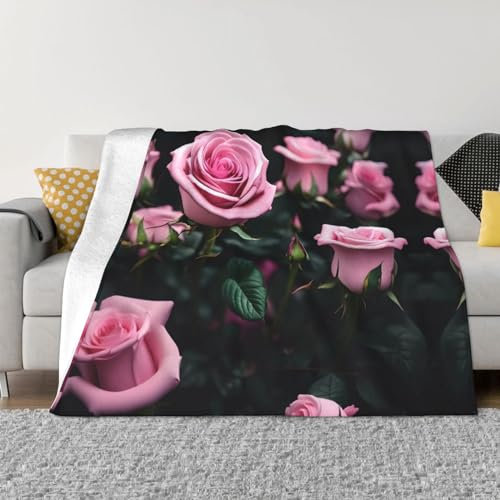 YQxwJL Flanell-Fleece-Decke, rosa Rosen-Druck, weiche und warme Überwurfdecke, für Couch, Bett und Outdoor
