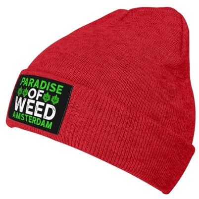 Diari Paradise of Weed Amsterdam Beanie-Mütze für Herren und Damen, Winter, warm, Strickmütze, weich, gemütlich, Totenkopfmütze, rot, One size