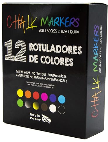 RAYLU PAPER – Rotuladores de Tiza Líquida para Pizarra, Borrable y Punta Reversible, Rotuladores para pizarra negra de Base al Agua, ideal para pizarras, cristales, cerámica