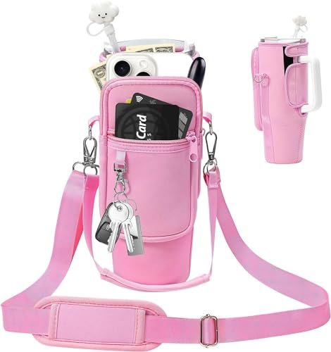 JINJIASC Carrier Bag for 40oz Stanley Cup Accessories with Phone Pocket, Neoprene Water Bottle Holder Pouch with Adjustable Strap Bollus with, Personalized for Women (Pink)