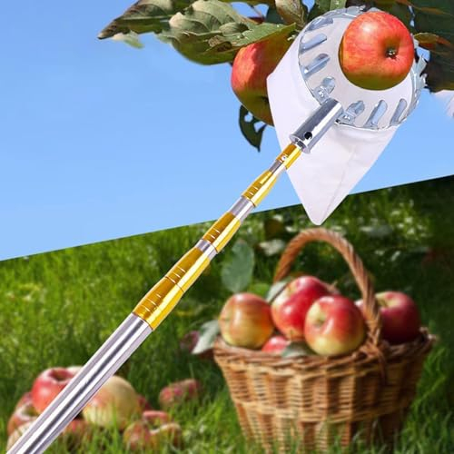 Fruit Picker Tool With Basket And Pole, 8 9 13 16 23 32 FT Telescoping Apple Orange Lemon Avocado Catcher Digger For Large Tall Tree, Metal Portable Fruit Gathering Harvester For Gardening Orchards(Co