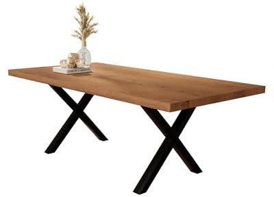Liadomo Esstisch 200x100 Paris eichefarben, Tisch mit gerader Kante, Tanne Massivholz Tisch, 30mm Tischplatte geölt, Robust & Pflegeleicht, Unikat, X-Gestell Metall schwarz