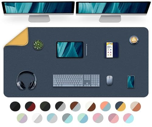 Doppelseitige Schreibtischmatte Büro-Schreibtischunterlage, wasserdichte Schreibtischunterlage Tischschutz, großes Mauspad für Tastatur und Maus, Laptop-Schreibtisch-Dunkelblau+Gelb, 120x60cm