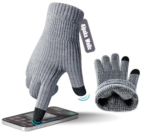 ineepor Alpaka Handschuhe Herren Damen Winter Strickhandschuhe Thermo Warme Wolle Gloves Touchscreen Dünne Grip Weich Rutschfest Flexible,Grau,S