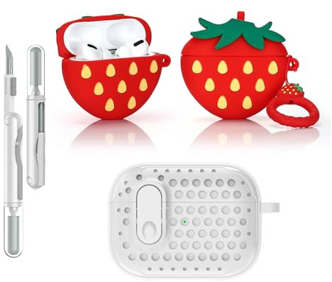 LEWOTE Funda protectora 3 en 1 compatible con Apple Airpods Pro (2ª/1ª generación) con kit de limpieza y llavero (fresa 3D)