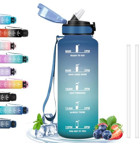 1.5 itros - con Pajita, Motivacional, Marca de Tiempo, Botella Gym, Cantimplora Agua Deporte para Gimnasio, Acampar, Ciclismo, Senderismo, Outdoor