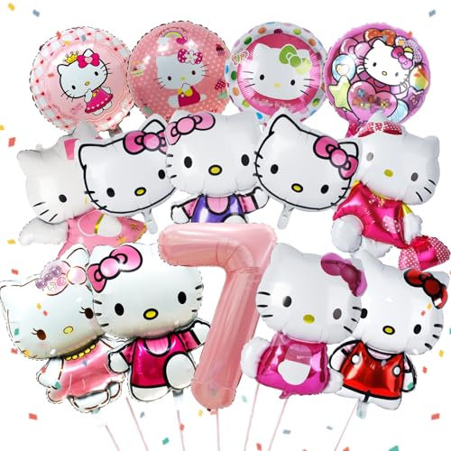 14 Stück Ki-tty Geburtstagsdeko Folienballon 7 Jahre, Cute Kindergeburtstag Deko, Cartoon Luftballons Geburtstag Dekoration Set für Kinder Mädchen Katzen kity Themenpartys Dekorationen
