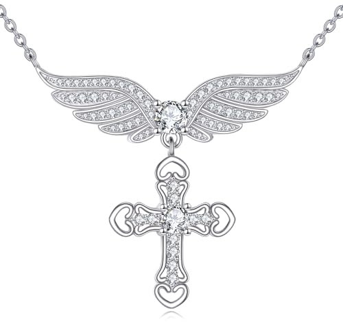YFN Engelsflügel Halskette 925 Sterling Silber Kreuz Anhänger Quadratisch Kristall Zirkonia Schmuck Geschenk für Frauen Tochter Mutter Freund