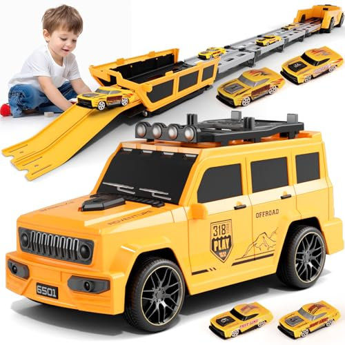 Varrotoy Autotransporter Spielzeug mit 4 Mini-Rennwagen,LKW Spielzeug Auto Set,Klappbarer Auswurf Transport Truck Spielzeugautos für 3 4 5 6 7 8 Jahre alte Jungen und Mädchen als Geschenk