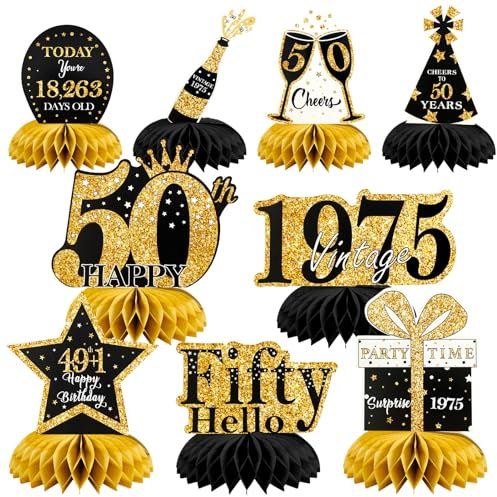 9 Piezas Cumpleaños Mesa Panal Centros,Decoración Cumpleaños,Decoración Mesa ,Adornos Negros y Dorados, de Fiesta para Hombres y Mujeres (50-HB)