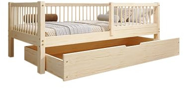 TIMBEE - Alfi Box - Kinderbett 100x200 mit Schublade - Bett Holz Unlackiert - Einzelbett für Kinder mit Lattenrost und Rausfallschutz Abnehmbar - Belastbar bis 100 kg - aus Kiefernholz Klasse 1