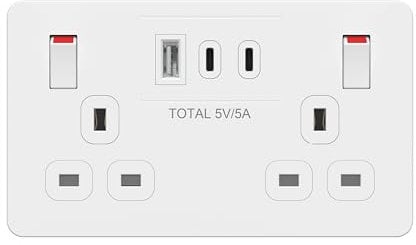 LIDER 2-Gang Switched 13A Double Socket with USB TYPE C & USB TYPE A Charger Ports, 25W Combined Output, Always-On USB, Child Safe, Low Energy Standby, White