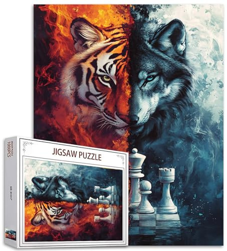 Flame Tiger, Ice Wolf Jigsaw Puzzles for Adults 1000 Pieces, Against Chessboard Abstract Art Jigsaw Puzzle Colorful DIY Craft Puzzles for Home Decoration Gifts, Family Puzzle Perfect for Game Nights