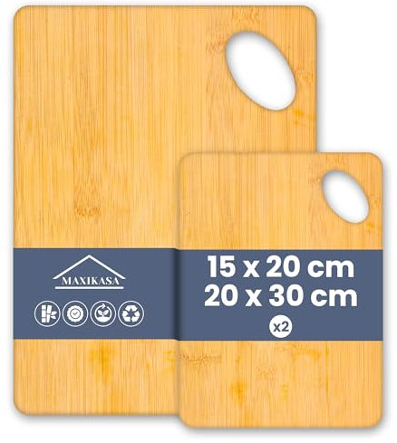 MAXIKASA - Tabla Cortar de Bambú | Pack de 2 uds | Pequeña y Mediana (x1-20x15cm | x1-30x20cm) | Tabla de Alta Resistencia y Durabilidad | Apto para Cortar, Picar y Servir | Utensilios de Cocina.