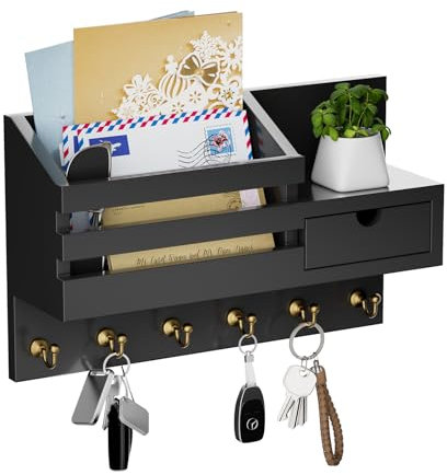Restorgan Schlüsselablage - Schlüsselbrett mit 6 Haken und Aufbewahrungsschublade,Wand Schlüsselhaken, Wandregal für Schlüsselanhänger Organizer, für Eingang Wohnzimmer Flur Büro (Schwarz)