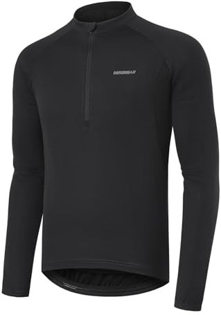 BERGRISAR Halb-Reißverschluss Radtrikot Fahrradtrikot für Herren Langarm MTB Mountainbike Trikots Loose-fit Schwarz Groß