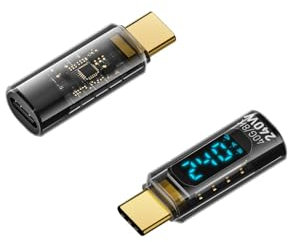 SOOPII 240W USB C Power Meter,Gold Plated Bi-Directional Adapter with Voltage,Current and Power Display,Male to Female USB C Adapter for iPhone 16,iPad Pro,MacBook,2Pack,Transparent Black