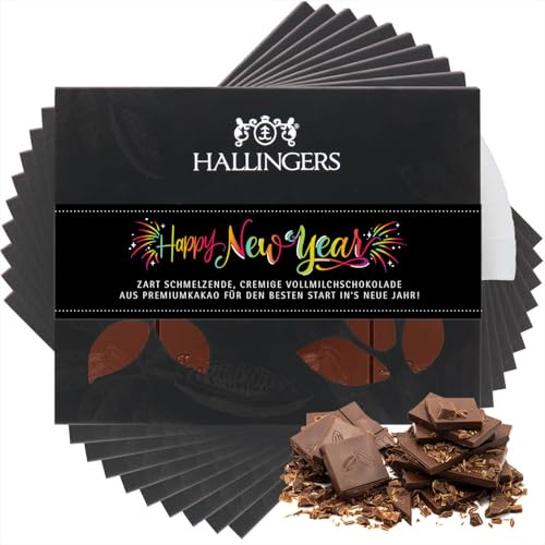 Hallingers Genuss Manufaktur Schokolade Weihnachts-Geschenk - Tafel Edelkakao handgeschöpft ohne Alkohol edler Karton 10x Happy New Year ... Pur, Weihnachten für Frauen Männer