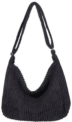 Mayoii Damen Klein Cord Hobo Tasche Breiter Gurt Umhängetasche Schultertasche Lässig Messenger Schulranzen Handtasche Tägliche Tasche (Mehrfarbig-Schwarz, Mittelgroße)