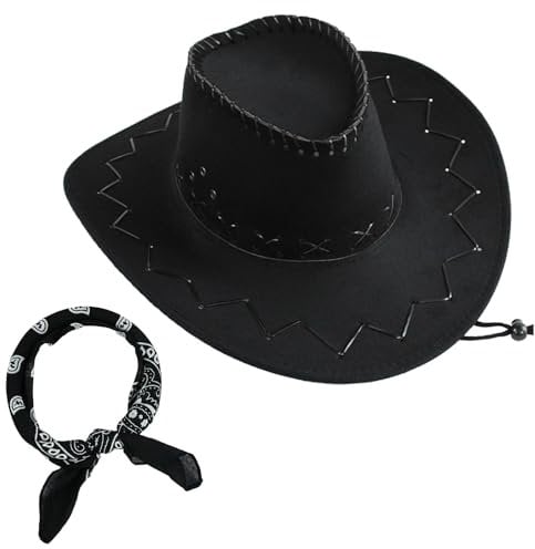 Cowboy Hat and Bandana Set for Women Men Womens Cowboy Hat Classic Western Cowgirl Hat Cowboy Hat Women with Belt Sun Hats with Wide Brim Vintage Style for Women Men (UK, Alpha, One Size, Black)