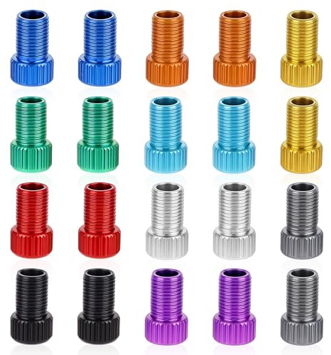 FdcLixuvol 20 Pcs Aluminum Presta Valve Adaptor, Convert Presta to Schrader, French UK to Us Adaptor Universal Inflate Tire Using Standard Pump or Air Compressor Bike Inflatable Connector (10 Colors)