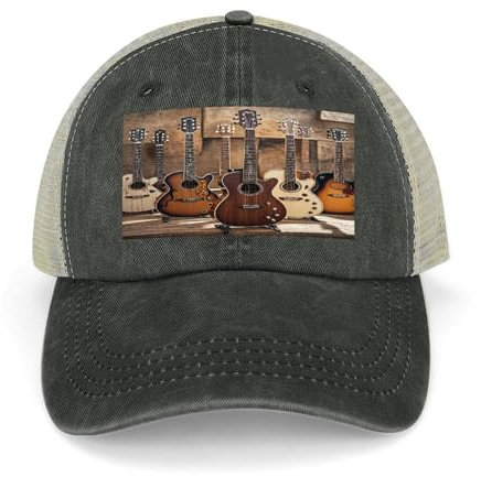 JTREWBV Baseballkappe für Erwachsene, Unisex, mit Gitarrendruck, verstellbare Passform, Netzstoff, Snapback-Hüte für Camping, Angeln, Jagd, Schwarz, 44
