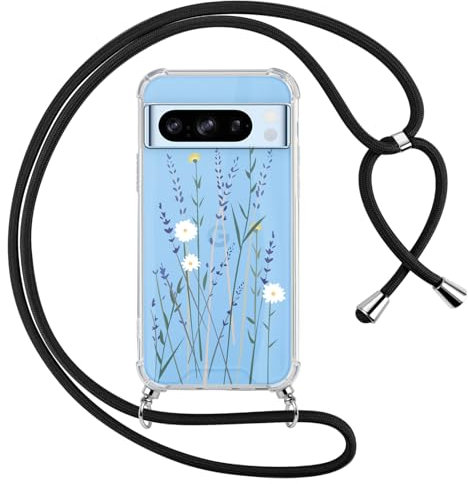 Yoedge Coque avec Cordon pour Google Pixel 7 Pro 5G 6,7, Transparente Aesthetic Motif Fleur Étui Collier Réglable Tour de Cou Lanière Corde Lanyard Case, Silicone TPU + PC Antichoc Housse Cover,01
