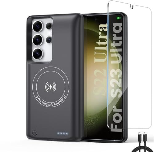 Battery Case For Samsung Galaxy S23 Ultra/S22 Ultra Charging phone case, Real 10000mAh Portable Power Bank with Magnetic Wireless Charging,Protective Charger phone case with battery pack Black