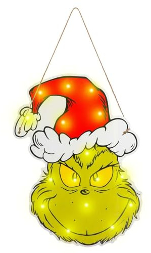 VFM e-Store -Grinch Christmas Light Up Wall Festive Decoration 40cm X 30cm Green X 1 Gift Ornament Dr Seuss Xmas Theme Fun Design - 40cm X 30cm Green X 1