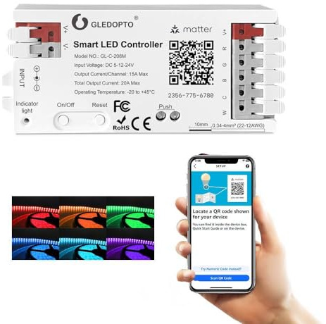 GLEDOPTO Matter LED Controller RGBCCT PWM Dimmung ACK Alexa Connect Kompatibel mit Matter Echo Geräten APP Sprachsteuerung 20 A max für RGBCCT Lichtleiste (Matter Hub erforderlich) (208M)