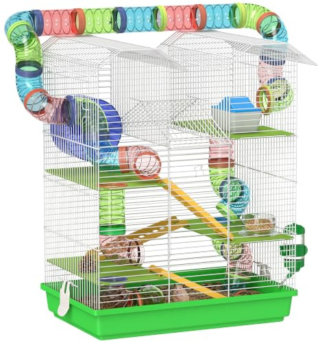 PawHut Gabbia per Criceti e Roditori a 5 Piani con Ruota 47x30x59cm Verde | Gabbietta per Criceti con Tubi Colorati, Casetta, Accessori Inclusi