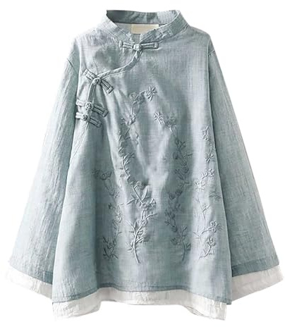 Chemise brodée en lin pour femme - Style zen chinois - Coupe ample - Col rond contrasté