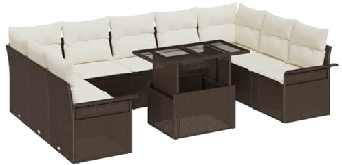 Mhdvray Gartenlounge Braun 289 x 187,5 x 85 cm Poly-Rattan Outdoor Sofa Eckbank wetterfest mit 10 Kissen Modular für Terrasse Balkon Gartenmöbel mit Tisch für Outdoor-Lounge Garten