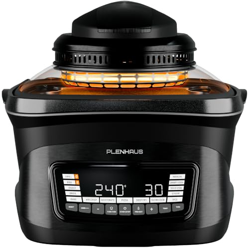 PLENHAUS Multikocher mit Heißluftfritteuse & Grill 8L - 14 Programme, 2 Deckel (Glas & Grill), Air Fryer, Backen, Dampfgaren, Sous Vide, Dörren, Warmhalten