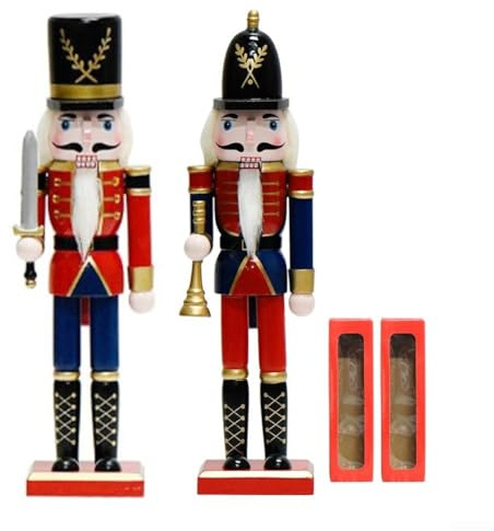 Ensemble casse-noisette de Noël en bois de 30,5 cm fabriqué à la main avec couronne et sceptre - Figurines rouge, bleu marine, vert et doré pour décoration de vacances (C+D)