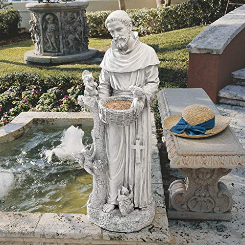 Design Toscano Der Pfleger der Natur, der Heilige Francis Gartenstatue Vogelhaus, Polyresin, Antikes Steingrau, groß 94 cm