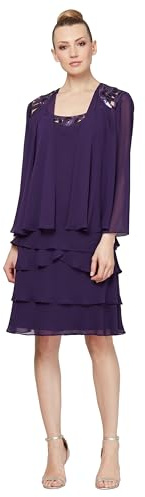 S.L. Fashions Damenkleid für die Brautmutter mit Pailletten-Ausschnitt an der Schulter (zierliche und Normale Größen), auberginefarben, 46