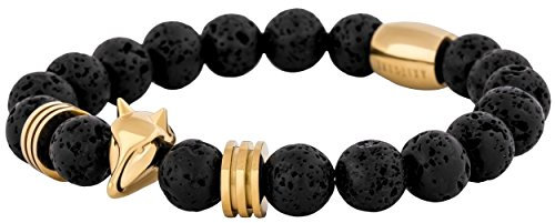 Akitsune Obsidian Perlenarmband | Premium Armband für Männer | Perlenarmband Herren mit Edelsteinen & Edelstahl Fuchs-Emblem | Tolle Geschenkidee - Gold Schwarz Lavastein - 18cm