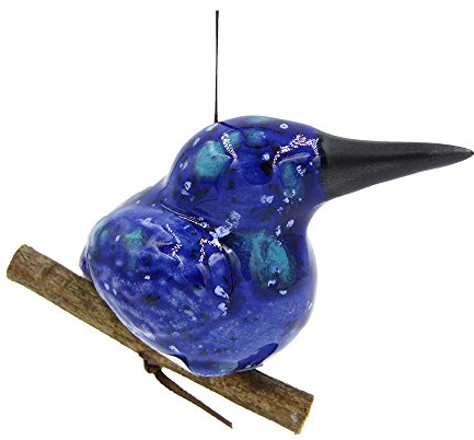 osters muschel-sammler-shop Kleiner Keramik Vogel sitzend auf Holz-AST zum aufhängen mit Band, Größe 6,5cm - sehr dekorativ - Hochzeitsgeschenk - Geschenk- Wanddekoration - Mobile (blau)