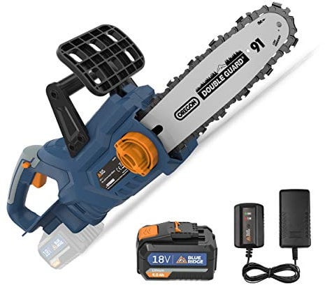 BLUE RIDGE 18V Akku Kettensäge BR8350 4,0Ah Li-Ion-Akku Elektro Kettensäge 25cm Schwertlänge Motorsäge mit Kettenbremse Rückschlagschutz automatische Kettenschmierung für Holz und Gartenarbeit