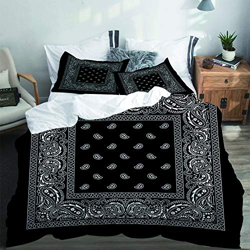SUHETI Bettwäsche-Set, Mikrofaser,Schwarzes Bandana mit weißen Ornamenten,1 Bettbezug 135 X 200cm + 2 Kopfkissenbezug 80 X 80cm