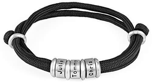 MYKA Bracelet Homme Corde avec Perles Personnalisées en Argent 925 - Personnalisé Cadeau De Noël Gravé Nom Sur Mesure Bijoux Cadeau Pour Lui, Papa, Homme