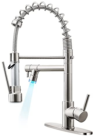 Qomolangma Grifo de cocina comercial con pulverizador extraíble, grifo de fregadero de cocina de una sola manija con luz LED dos caños, níquel cepillado