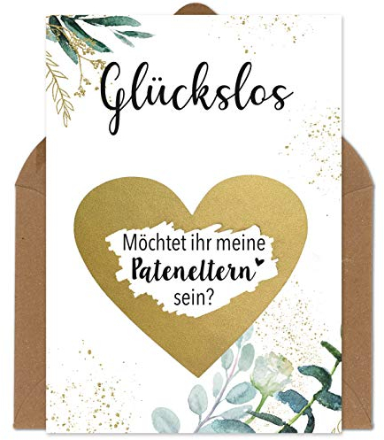 OWLBOOK Rubbelkarte Paten Fragen - Wollt ihr meine Pateneltern sein - Karte mit Rubbelherz Gold Geschenke Geschenkideen für die Pateneltern Paten zur Taufe
