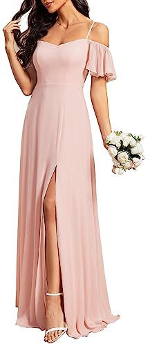 Ever-Pretty Women's Ruffles One Shoulder Short Sleeve Empire Waist A Line Chiffon Long Bridesmaid Dresses with Side Slit Pink 8UK